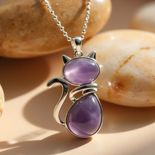 Halskette mit Katzenanhänger und violettem Naturstein
